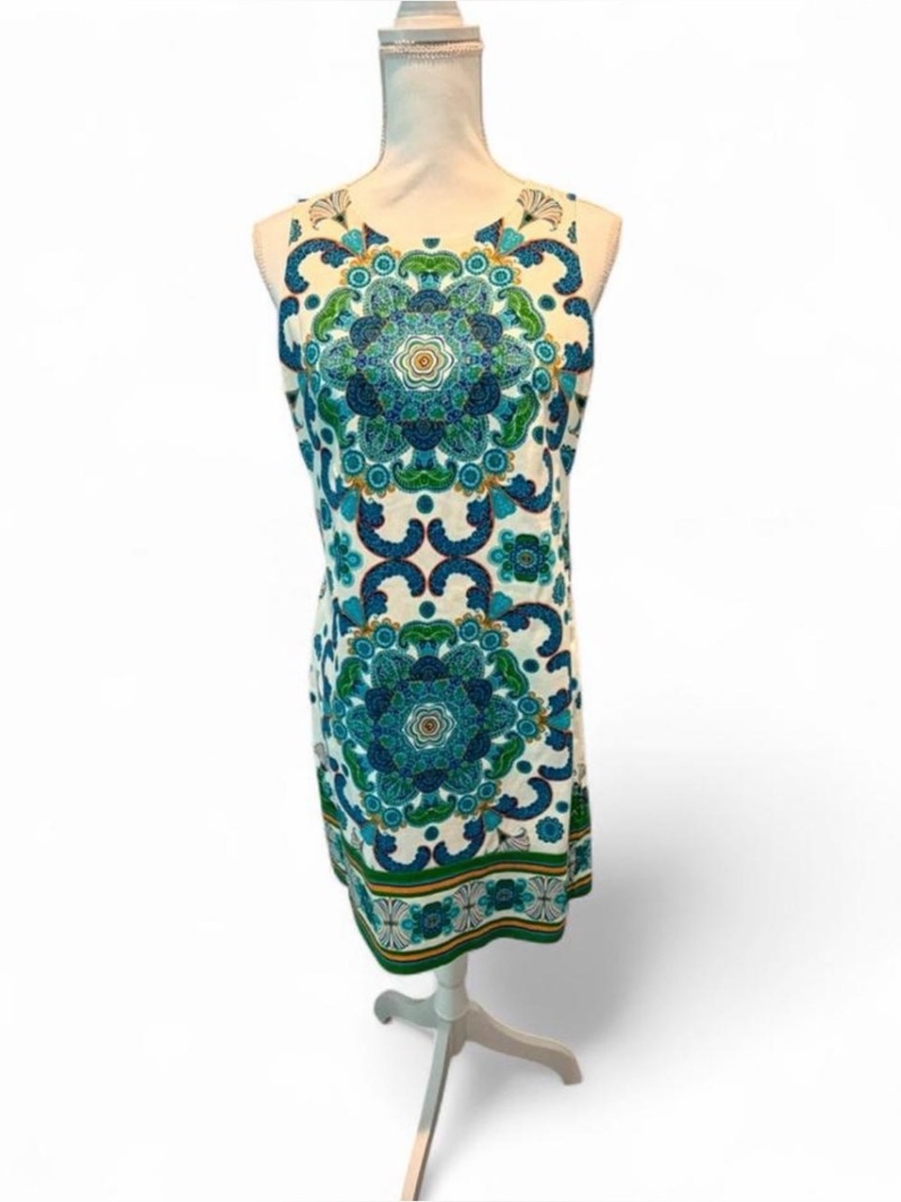 Maggy L  Shift Dress Women’s Sz 8 Blue Green Sleeveless Boho Indie Resortwear